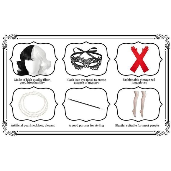 🖤🤍 6PCS Halloween Bundle Cruella Cosplay Costume Party1920s Accessories Set - Picture 4 of 17